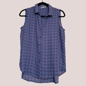 Pleione • Geometric Sleeveless Button Down Blouse Blue and Red • Size Medium